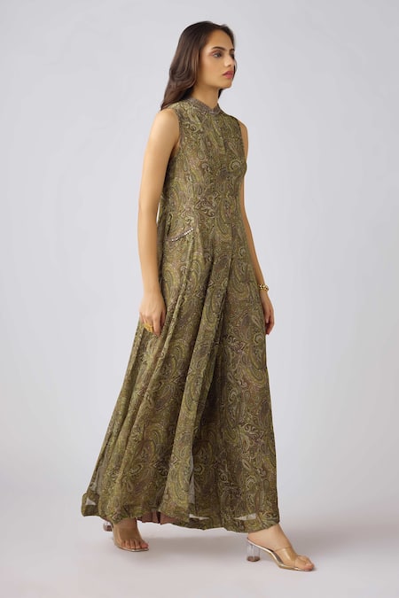 Shop_Basanti - Kapde Aur Koffee_Green Georgette Cut Work Mandarin Collar Paisley Floral Print Jumpsuit_Online_at_Aza_Fashions