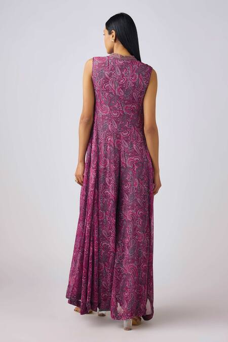 Shop Basanti - Kapde Aur Koffee Wine Georgette Cut Work Mandarin Collar Paisley Print Embellished Jumpsuit at Aza Fashions Shop_Basanti - Kapde Aur Koffee_Wine Georgette Cut Work Mandarin Collar Paisley Print Embellished Jumpsuit_at_Aza_Fashions