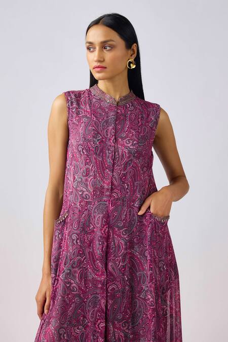 Buy Basanti - Kapde Aur Koffee Wine Georgette Cut Work Mandarin Collar Paisley Print Embellished Jumpsuit Online at Aza Fashions Buy_Basanti - Kapde Aur Koffee_Wine Georgette Cut Work Mandarin Collar Paisley Print Embellished Jumpsuit_Online_at_Aza_Fashions