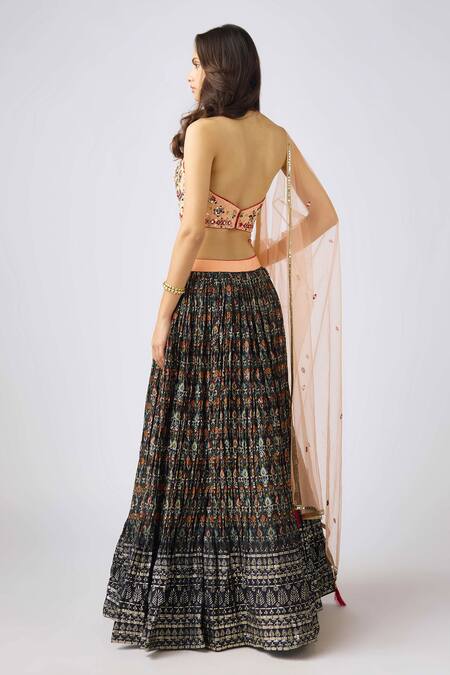 Shop Basanti - Kapde Aur Koffee Beige Organza Embroidery, Mirrors, Sequins Halter Neck Floral Lehenga Set at Aza Fashions Shop_Basanti - Kapde Aur Koffee_Beige Organza Embroidery, Mirrors, Sequins Halter Neck Floral Lehenga Set_at_Aza_Fashions