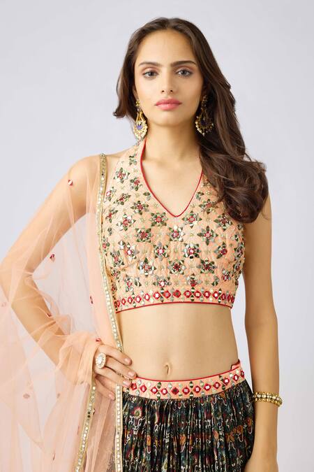 Basanti - Kapde Aur Koffee Beige Organza Embroidery, Mirrors, Sequins Halter Neck Floral Lehenga Set Online at Aza Fashions Basanti - Kapde Aur Koffee_Beige Organza Embroidery, Mirrors, Sequins Halter Neck Floral Lehenga Set_Online_at_Aza_Fashions
