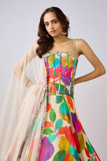 Buy_Basanti - Kapde Aur Koffee_Multi Color Georgette Embroidery, Multicolor French Bloom Print Lehenga Set_Online_at_Aza_Fashions