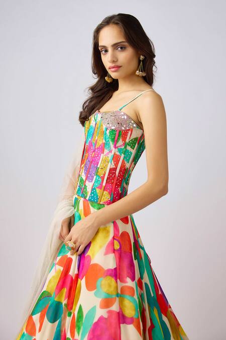 Shop_Basanti - Kapde Aur Koffee_Multi Color Georgette Embroidery, Multicolor French Bloom Print Lehenga Set_Online_at_Aza_Fashions