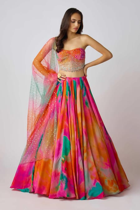 Basanti - Kapde Aur Koffee Abstract Print Lehenga Set With Embroidered Blouse 