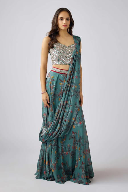 Basanti - Kapde Aur Koffee Printed Pre-Draped Lehenga Saree With Blouse 