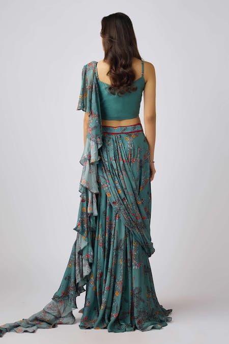 Basanti - Kapde Aur Koffee Floral Printed Pre-Draped Lehenga Saree Set 