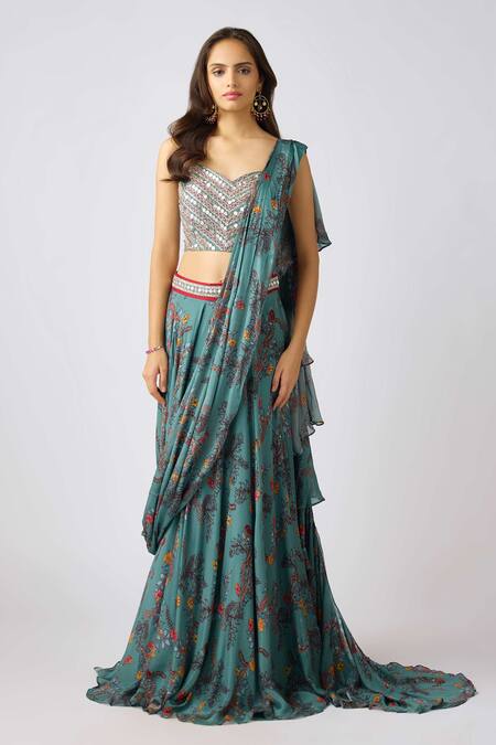 Buy_Basanti - Kapde Aur Koffee_Silver Chiffon, Georgette Pearls, Floral Printed Pre-draped Lehenga Saree Set_Online_at_Aza_Fashions