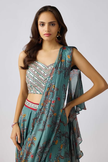 Shop_Basanti - Kapde Aur Koffee_Silver Chiffon, Georgette Pearls, Floral Printed Pre-draped Lehenga Saree Set_Online_at_Aza_Fashions