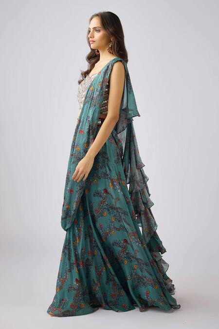Basanti - Kapde Aur Koffee_Silver Chiffon, Georgette Pearls, Floral Printed Pre-draped Lehenga Saree Set_at_Aza_Fashions