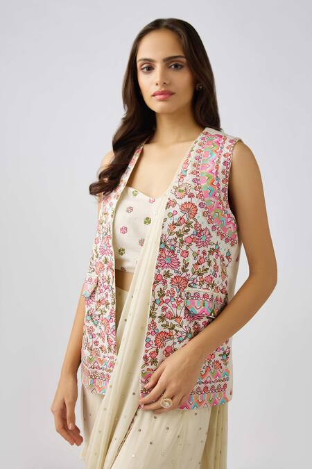 Basanti - Kapde Aur Koffee_Ivory Chiffon Sequins, Embroidery Floral Vine Jacket Pre-draped Saree_Online_at_Aza_Fashions