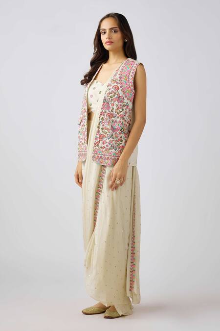 Buy_Basanti - Kapde Aur Koffee_Ivory Chiffon Sequins, Embroidery Floral Vine Jacket Pre-draped Saree_Online_at_Aza_Fashions