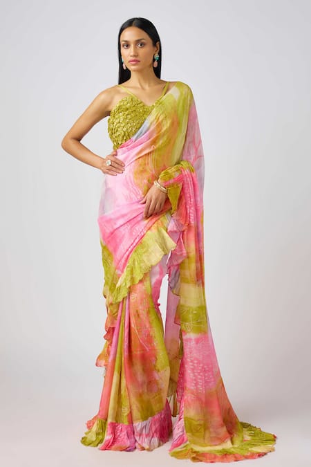 Basanti - Kapde Aur Koffee Shaded Ruffle Saree With 3D Embroidered Blouse 