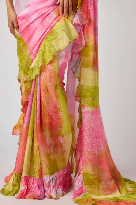 Shop_Basanti - Kapde Aur Koffee_Green Chiffon Sequins Sweetheart Neck Multicolor Ruffle Saree With 3d Blouse_Online_at_Aza_Fashions