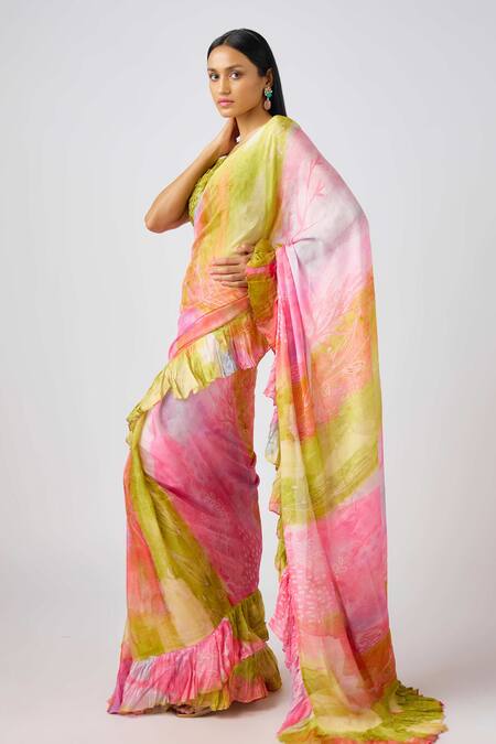 Basanti - Kapde Aur Koffee_Green Chiffon Sequins Sweetheart Neck Multicolor Ruffle Saree With 3d Blouse_at_Aza_Fashions