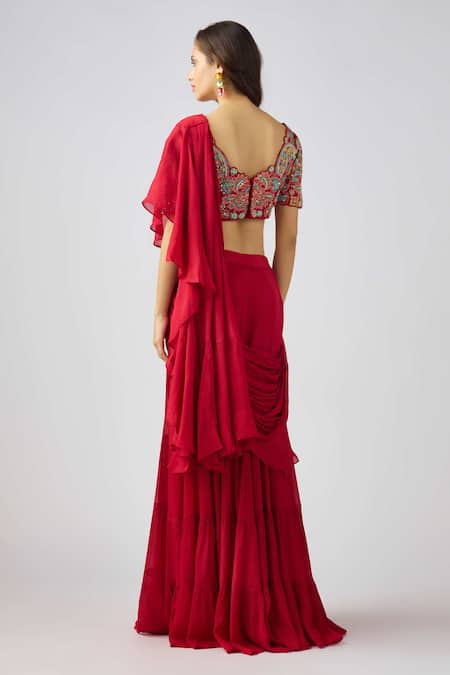 Basanti - Kapde Aur Koffee Gradient Ruffle Pre-Draped Saree & Embroidered Blouse 
