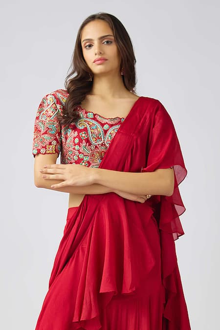 Basanti - Kapde Aur Koffee Red Chiffon Pearls, Sequins, Gradient Ruffle Pre-draped Saree And Blouse Online at Aza Fashions Basanti - Kapde Aur Koffee_Red Chiffon Pearls, Sequins, Gradient Ruffle Pre-draped Saree And Blouse_Online_at_Aza_Fashions