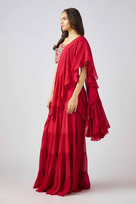 Buy Basanti - Kapde Aur Koffee Red Chiffon Pearls, Sequins, Gradient Ruffle Pre-draped Saree And Blouse Online at Aza Fashions Buy_Basanti - Kapde Aur Koffee_Red Chiffon Pearls, Sequins, Gradient Ruffle Pre-draped Saree And Blouse_Online_at_Aza_Fashions