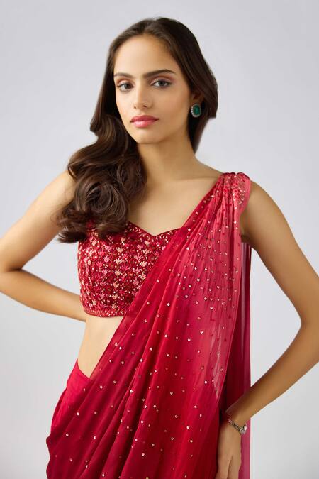 Basanti - Kapde Aur Koffee_Red Chiffon Mirrors, Sequins, Embellished Sharara Style Saree With Blouse_Online_at_Aza_Fashions