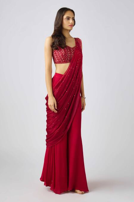 Buy_Basanti - Kapde Aur Koffee_Red Chiffon Mirrors, Sequins, Embellished Sharara Style Saree With Blouse_Online_at_Aza_Fashions