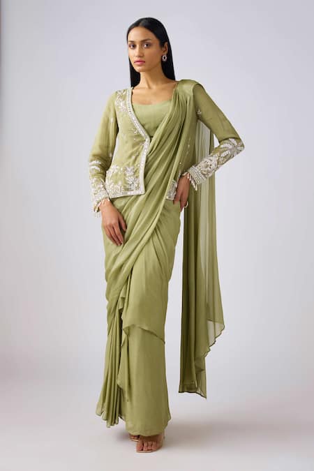 Basanti - Kapde Aur Koffee Green Chiffon Cut Work, Sequins, Pearls, Embroidered Ruffle Saree And Jacket Set