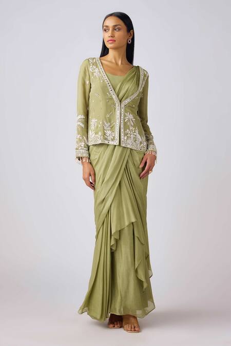 Basanti - Kapde Aur Koffee Green Chiffon Cut Work, Sequins, Pearls, Embroidered Ruffle Saree And Jacket Set Online at Aza Fashions Basanti - Kapde Aur Koffee_Green Chiffon Cut Work, Sequins, Pearls, Embroidered Ruffle Saree And Jacket Set_Online_at_Aza_Fashions