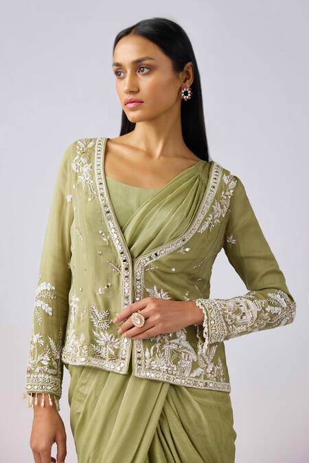 Buy Basanti - Kapde Aur Koffee Green Chiffon Cut Work, Sequins, Pearls, Embroidered Ruffle Saree And Jacket Set Online at Aza Fashions Buy_Basanti - Kapde Aur Koffee_Green Chiffon Cut Work, Sequins, Pearls, Embroidered Ruffle Saree And Jacket Set_Online_at_Aza_Fashions