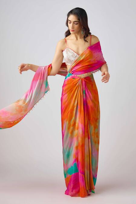 Basanti - Kapde Aur Koffee_Multi Color Crepe Beads, Sequins Gradient Shaded Pre-draped Saree And Blouse_Online_at_Aza_Fashions