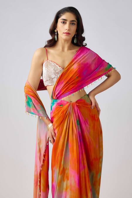 Buy_Basanti - Kapde Aur Koffee_Multi Color Crepe Beads, Sequins Gradient Shaded Pre-draped Saree And Blouse_Online_at_Aza_Fashions