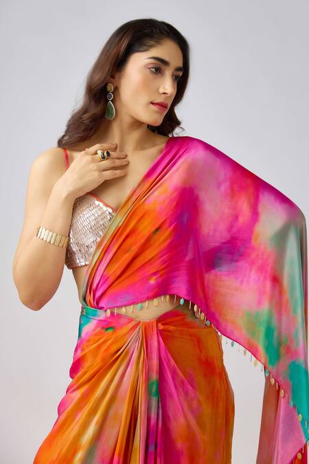 Shop_Basanti - Kapde Aur Koffee_Multi Color Crepe Beads, Sequins Gradient Shaded Pre-draped Saree And Blouse_Online_at_Aza_Fashions