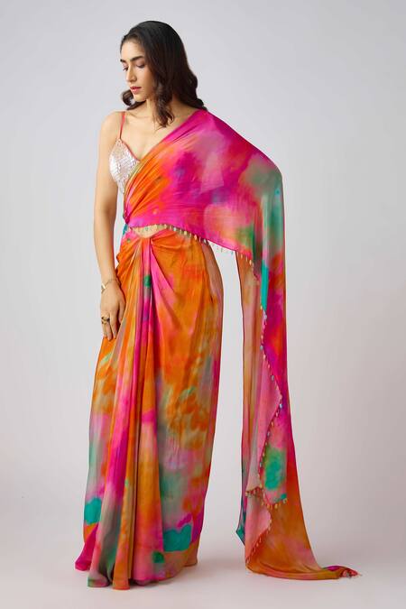 Basanti - Kapde Aur Koffee_Multi Color Crepe Beads, Sequins Gradient Shaded Pre-draped Saree And Blouse_at_Aza_Fashions