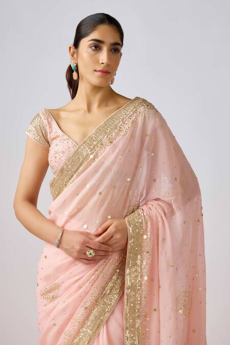 Basanti - Kapde Aur Koffee_Pink Georgette Sequins, Diamonds Plunge Dori Embroidered Border Saree And Blouse_Online_at_Aza_Fashions