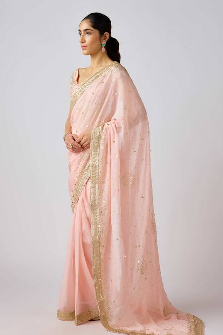 Buy_Basanti - Kapde Aur Koffee_Pink Georgette Sequins, Diamonds Plunge Dori Embroidered Border Saree And Blouse_Online_at_Aza_Fashions