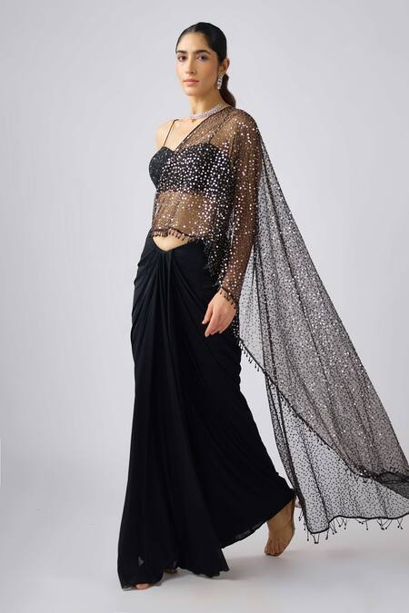 Buy_Basanti - Kapde Aur Koffee_Black Net, Lycra Sequins, Beads Sweetheart Neck Pre-draped Saree And Blouse_Online_at_Aza_Fashions