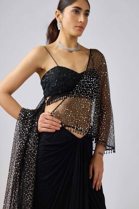 Shop_Basanti - Kapde Aur Koffee_Black Net, Lycra Sequins, Beads Sweetheart Neck Pre-draped Saree And Blouse_Online_at_Aza_Fashions