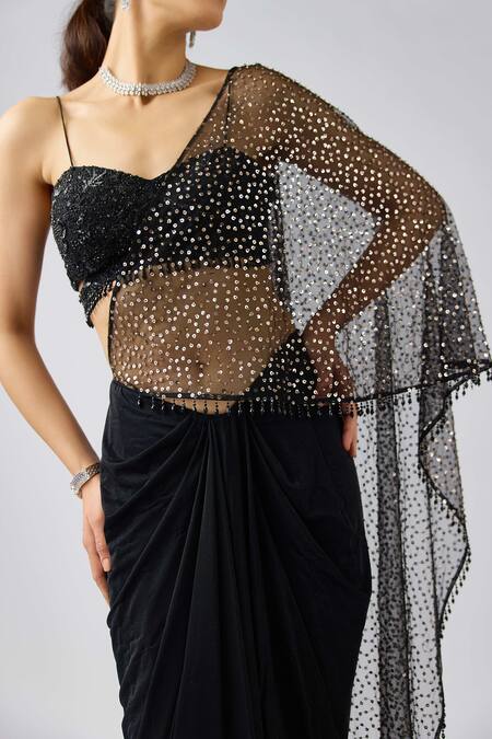 Basanti - Kapde Aur Koffee_Black Net, Lycra Sequins, Beads Sweetheart Neck Pre-draped Saree And Blouse_at_Aza_Fashions