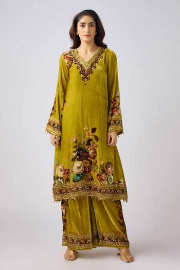 Vasudha | Mint Green Floral Kurta with White Embroidered Afghani Salwar Co-Ord Set main image 0