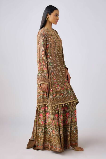 Shop_Basanti - Kapde Aur Koffee_Brown Chiffon Gota Patti, Sequins Keyhole Embellished Floral Kurta Sharara Set_Online_at_Aza_Fashions
