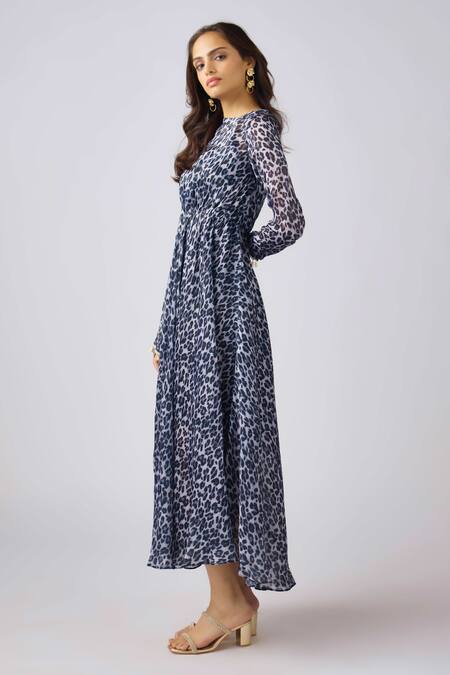 Basanti - Kapde Aur Koffee_Blue Crepe Cut Work, Tassels Round Neck Embellished Leopard Print Draped Dress _Online_at_Aza_Fashions