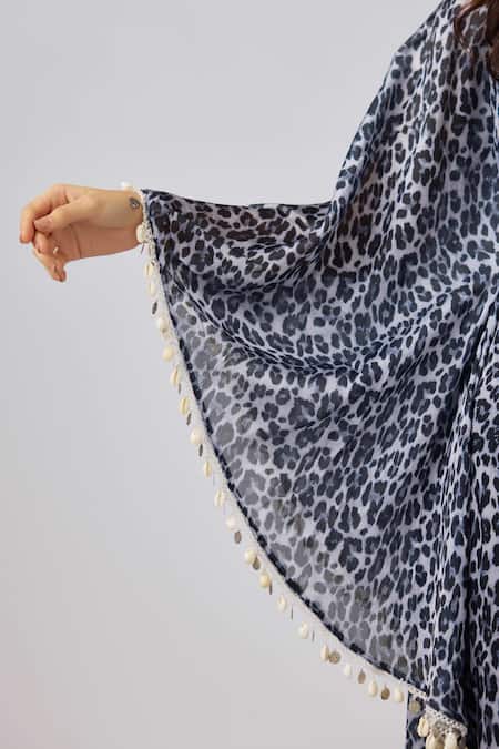 Buy_Basanti - Kapde Aur Koffee_Blue Crepe Cut Work, Tassels Round Neck Embellished Leopard Print Draped Dress _Online_at_Aza_Fashions