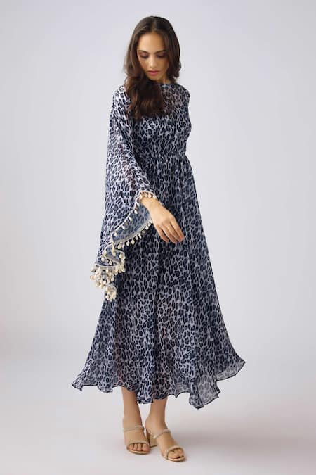 Shop_Basanti - Kapde Aur Koffee_Blue Crepe Cut Work, Tassels Round Neck Embellished Leopard Print Draped Dress _Online_at_Aza_Fashions