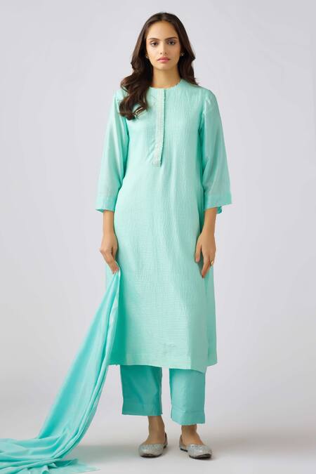 Basanti - Kapde Aur Koffee_Blue Muslin Cut Work Round Neck Embellished Aqua Kurta Pant Set_Online_at_Aza_Fashions