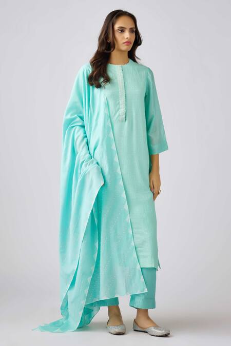 Buy_Basanti - Kapde Aur Koffee_Blue Muslin Cut Work Round Neck Embellished Aqua Kurta Pant Set_Online_at_Aza_Fashions