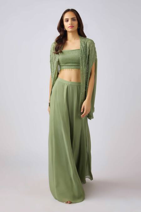 Basanti - Kapde Aur Koffee Green Georgette Beads Square Neck Embroidered Cape Sharara Set Online at Aza Fashions Basanti - Kapde Aur Koffee_Green Georgette Beads Square Neck Embroidered Cape Sharara Set _Online_at_Aza_Fashions