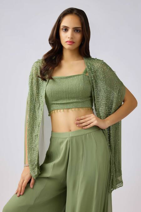 Shop Basanti - Kapde Aur Koffee Green Georgette Beads Square Neck Embroidered Cape Sharara Set Online at Aza Fashions Shop_Basanti - Kapde Aur Koffee_Green Georgette Beads Square Neck Embroidered Cape Sharara Set _Online_at_Aza_Fashions
