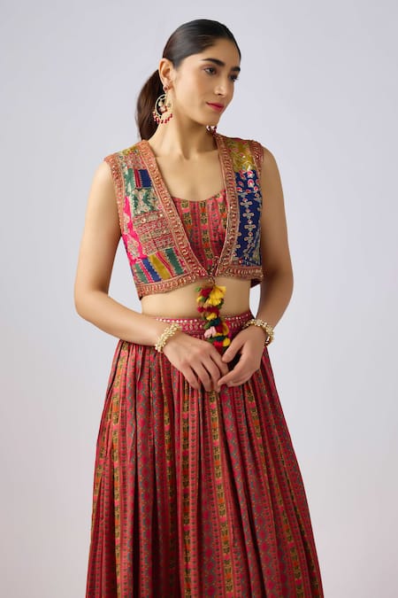 Buy_Basanti - Kapde Aur Koffee_Brown Satin, Crepe Applique, Sequins, Aari Embroidered Cropped Jacket Skirt Set_Online_at_Aza_Fashions