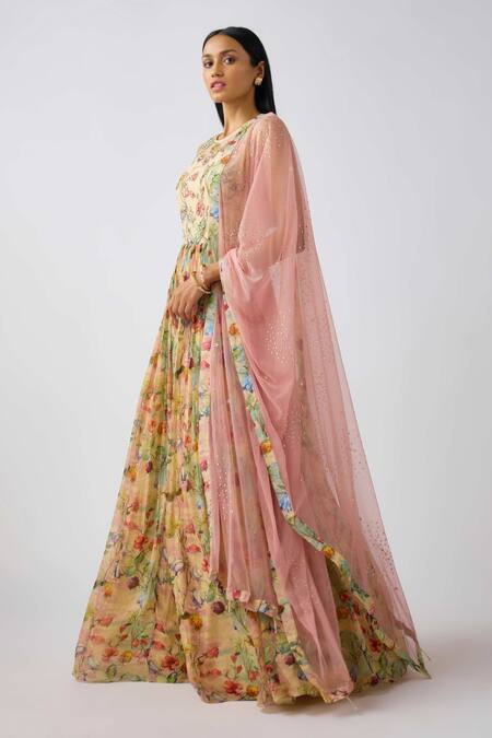 Buy_Basanti - Kapde Aur Koffee_Multi Color Organza Sequins, Embroidery Round Neck Floral Anarkali Set_Online_at_Aza_Fashions