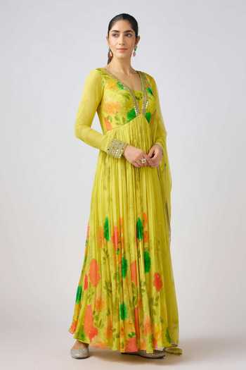 Basanti Kapde aur Koffee_Yellow Georgette Mirrors, Beads V-neck Blossom Print Anarkali Set With Dupatta _Online_at_Aza_Fashions