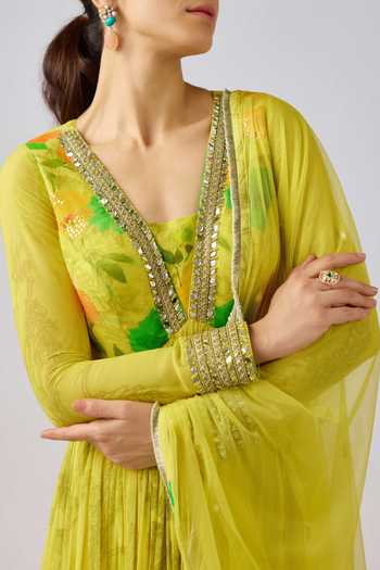 Buy_Basanti Kapde aur Koffee_Yellow Georgette Mirrors, Beads V-neck Blossom Print Anarkali Set With Dupatta _Online_at_Aza_Fashions