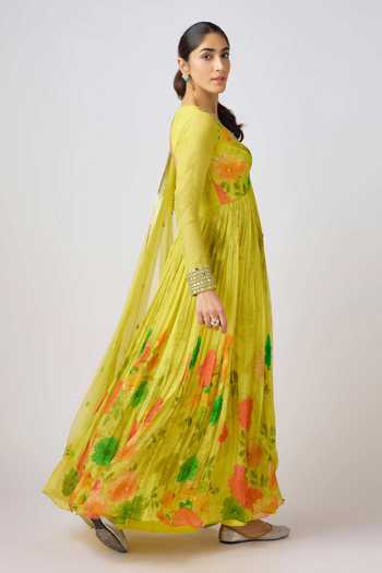 Shop_Basanti Kapde aur Koffee_Yellow Georgette Mirrors, Beads V-neck Blossom Print Anarkali Set With Dupatta _Online_at_Aza_Fashions