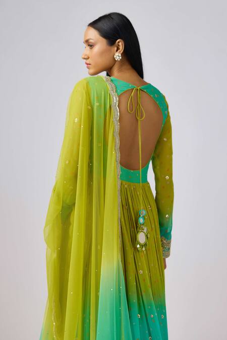 Shop Basanti - Kapde Aur Koffee Green Georgette Sequins, Gota Patti, Zari V-neck Ombre Anarkali Set at Aza Fashions Shop_Basanti - Kapde Aur Koffee_Green Georgette Sequins, Gota Patti, Zari V-neck Ombre Anarkali Set_at_Aza_Fashions